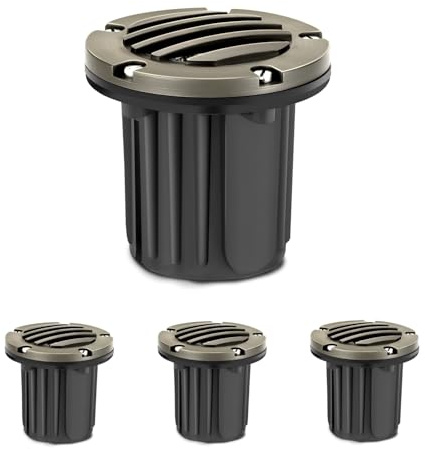 Gardencoin Brass Low Voltage Landscape Well Lights (5 Cover, 5.5 Tall), 12V LED Wired In-Ground Outdoor Up Lighting Fixture Waterproof, Adjustable Beam Direction Base, Without MR16 Bulb (4 Pack)