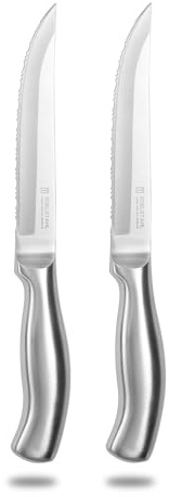 targzier Steak Knives Set of 2,Ultra Sharp Stainless Steel Steak Knife,Serrated Edge Knife,Ergonomic Forged Kitchen Knifes,Silver,Dishwasher Safe