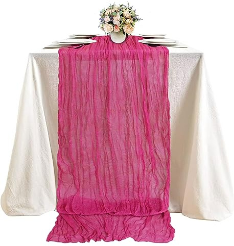 FUHSY Käsetuch Rosa Tisch Läufer 90 x 300 cm Rustikale Käsetuch Boho Gaze Tisches Lange Hot Pink für Sheer Cheesecloths für Party Hochzeit Braut Dusche Tabelle
