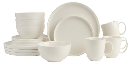 Trudeau Mercerie Service de table 16 pièces en porcelaine blanche – Service pour 4 personnes, comprend des assiettes, des assiettes à salade, des bols et des tasses – Design rond moderne, passe au