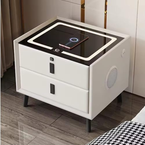 A.M.C. Comodino Intelligente con Ricarica Wireless e USB, Altoparlante Bluetooth, LED Multifunzionale con 3 Colori Oscurabili per Camera da Letto, Smart (Bianco, 40x40x46 Cm)