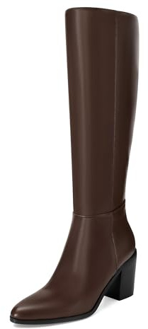 SOVANYOU Stivali alti al ginocchio da donna in pelle stivali alti tacco a blocco grosso moda punta punta zip laterale comodi autunno inverno Botas, Marrone, 39 EU