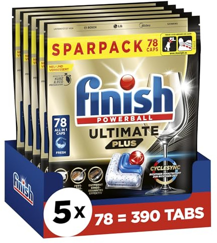 Finish Ultimate Plus Fresh Spülmaschinentabs - Geschirrspültabs für intenive Reinigung, Fettlösekraft und Glanz - Sparpack mit 390 Tabs (5 x 78 Tabs)
