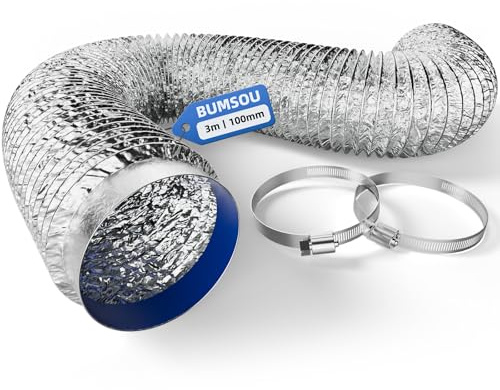 BUMSOU Lüftungsschlauch 100mm, doppelseitige Aluminiumfolie, flexibler Abluftschlauch 3m für Ventilator, Dunstabzug & Klimaanlage