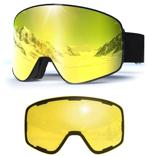 Skidglasögon för män och kvinnor, YH212 magnetiska snowboardglasögon anti-dimma OTG UV-skydd skidglasögon snöglasögon för skidåkning vintersport (svart ram – fullrevo guld VLT 16 % gula glas 78 %)