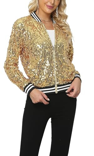 YYPBI Damen Pailletten Jacke Bomberjacke langärmelig glitzernder Bomber Jacke Metallic Festival Konzert Party Jacke mit Taschen