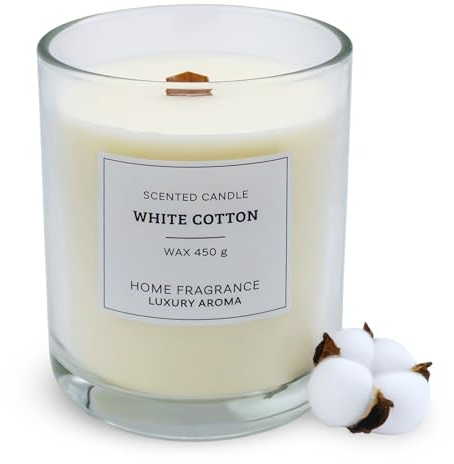 XL Duftkerze im Glas 13 x 10 cm White Cotton Duft | Knisterdocht aus Holz, 1200g Wachs, 50 Stunden Brenndauer, Aromakerze parfümiert Baumwolle