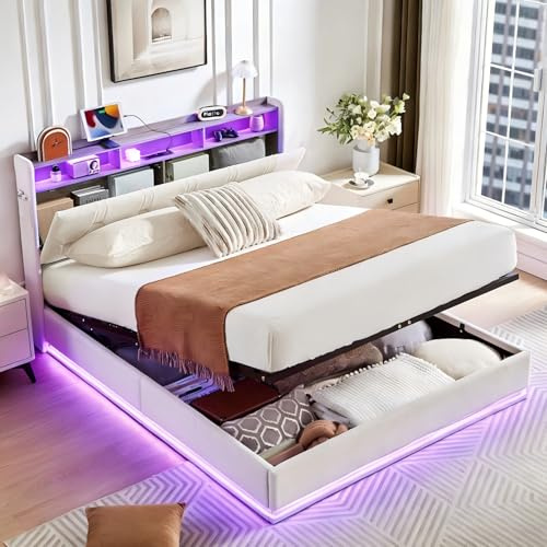 Artswish Polsterbett Stauraumbett 140x200cm, Mit Led, Hydraulisches Bett Regalkopfteil Mit Stauraum, Doppelbett Mit Lattenrost, Boxspringbett Mit Bettkasten, Beige (Ohne Matratze)
