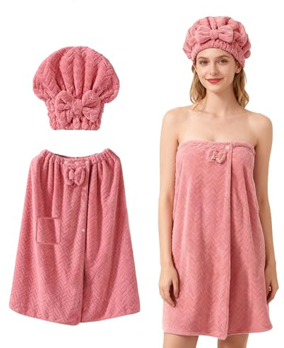 Fhlprte Badetuch-Wickeltuch in Übergröße, Damen Saunakilt,Druckknopf Sauna Kilt Handtuch mit Haartuch für Damen,Gummizug Saunatuch Verstellbarer Weite Körperwickel,Spa Bademantel Set (Rosa,S)