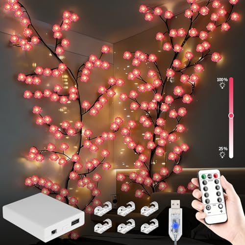 YYTDDUUU Cherry LED Branch Lights, 48 LED Willow Vine Light Garland Lighting with Remote Control, 8 Adjustable Lighting Modes, Plug-in Indoor Decorative Lights for Home Wall Door Room Decor