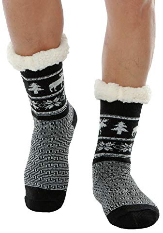 WYTartist Hommes Chaussettes Slipper Noël Avec Doublure en Polaire Douce Antidérapantes Cerf De Neige Chaud Confortable Fuzzy Doublé Doublure Polaire Doublures D'hiver Slipper (Elk (Black))