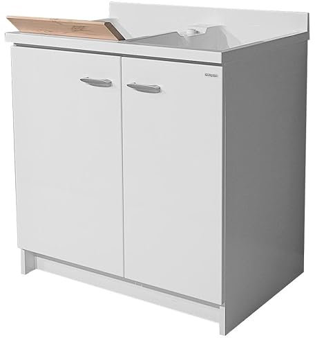 Montegrappa Mobile Lavatoio 80x60x85cm 2 Ante 2 Vasche ASSE in Legno Marella Bianco con Cesto