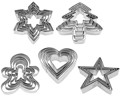 Emporte Pièces Noël, Lot de 25 Forme Biscuit Noel, Emporte-pièces - Sapin de Noël, Flocon de Neige, Cœurs, étoiles, Bonhomme en Pain d’épice, pour Pâtisserie Gâteau Fondant Biscuit Cookie