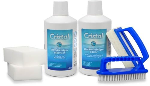 Cristal Poolreinigung Set - Randreiniger - Beckenreiniger - Handbürste - Nano-Reinigungsschwamm - Gegen Schmutz + Kalk - Folienbecken Kunststoffbecken