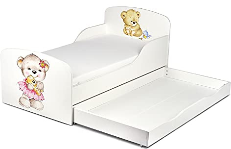 Leomark Einzelbett aus Holz mit Matratze, Kinderbett mit Schubladen für Bettwäsche, Stauraum, Holzbett + Lattenrost, Komplett Set, Liegefläche 70/140 cm, UV-Druck (Meine Bären)