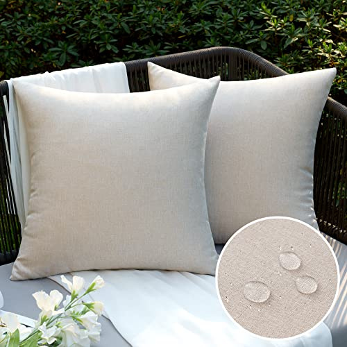EMEMA Kissenbezug Outdoor Wasserdicht Sofakissen Wasserfest Dekokissen Kissenbezüge Dekorativ Kissen Kissenhülle aus Polyster für Garten Sofa Wohnzimmer Bett 2er Set 45x45 cm Beige