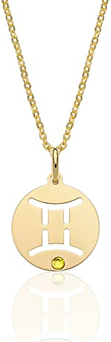 AKA Gioielli® - Collar Zodiaco Géminis Plata 925 Chapada en Oro con Colgante Signo Zodiacal Géminis para Mujer
