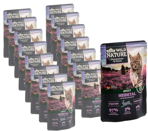 Dehner Wild Nature Katzenfutter Heidetal, Nassfutter getreidefrei / zuckerfrei, für ausgewachsene Katzen, Kaninchen / Huhn, 16 x 85 g Beutel (1.36 kg)