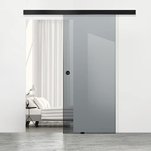 BOSS Black Porta Scorrevole in vetro 80x215 cm (60/80/90 cm) 8 mm, vetro Grigio, kit hardware complete nero opaco (80x215 cm)