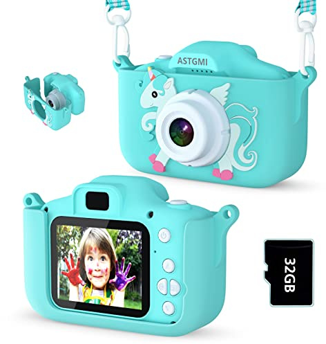 ASTGMI Appareil Photo pour Enfants, 2.0 Pouces Enfant Appareil Photo Numérique, Mini Caméra Rechargeable Caméscope Cadeau Jouet Filles Garçons de 3 à 10 Ans, vidéo HD 1080p, 32G SD Carte