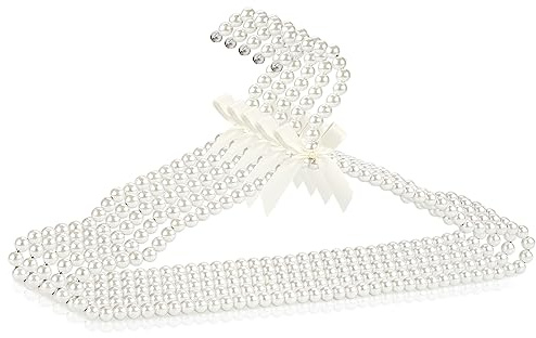 Adorila Kleiderbügel aus Kunststoff, mit Perlen, elegant, rutschfest, für Schrank, Mantel, Aufbewahrung, Organizer, Schleife, Standard-Kleiderbügel, Weiß, 5 Stück