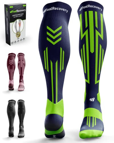 Sport Compression Strumporför Män & Kvinnor - Höga Strumpor Vaderna Vid LöPning, Crossfit, Fotboll - Sportstrumpor Idrott Och Återhämtning - Långa Strumpor Som Andas Merinoull (blå/grön, L)
