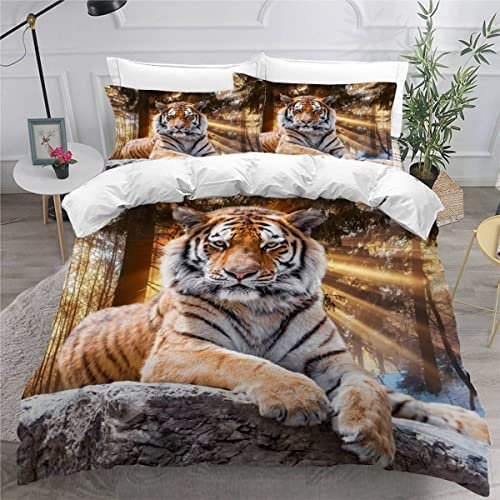 AKATIE Bettwäsche Tiger Bettwäsche 135x200 Kinder Waldtiere Bettbezug Set Weich Microfaser Kinderbettwäsche 3 Teilig Mit ReißVerschluss Mit 2 Kissenbezug 80x80 cm