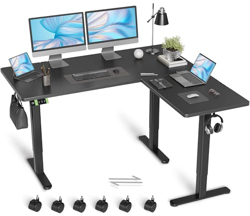 Claiks Eckschreibtisch Höhenverstellbar 160x140cm mit Dual-Motor, Schreibtisch L Form Höhenverstellbarer Schreibtisch auf Rollen, L-förmiger (Schwarz, 160x140cm Zwei Motoren)