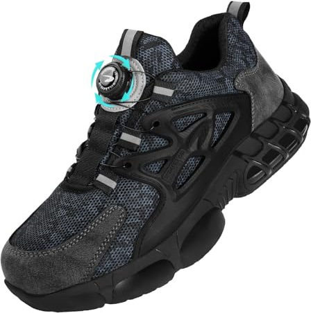 OFFCUP Skyddsskor män, säkerhetsskor, arbetstränare med stålhätta arbetsskor lätta bekväma arbetsskor industriella sneakers halkskydd stötdämpning bergslås, Svart, 44 EU