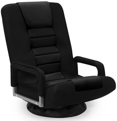 Buymoth Swivel Floor Gaming Chair w/Armrests, Folding Video Reclining Sofa w/6 Adjustable Position, Padded Backrest & Cushion, Lazy Lounger Couch for E-Sports, Reading, Relaxing, Watching TV, Black