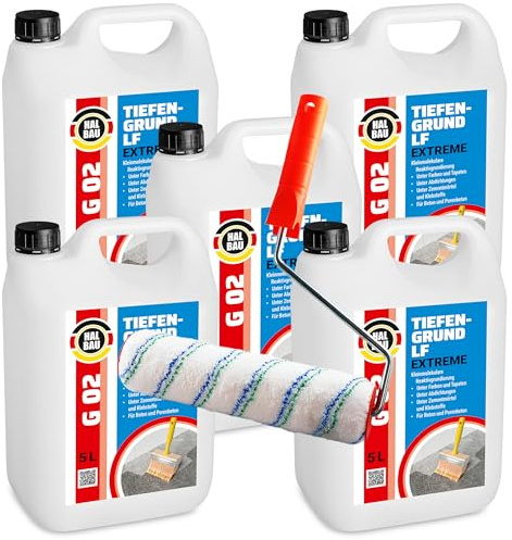HALBAU Tiefengrund 25 L mit Kaliwasserglas, Silikatgrundierung für Innen, Aussen, Beton, Farben, Tapeten + Farbroller 25cm mit Bügel, Set G02