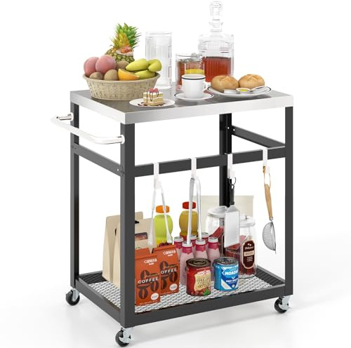 GYMAX Chariot Barbecue Mobile, Desserte Intérieur ou Extérieur, Plateau en Acier INOX, Étagère Ouverte Inférieure de Rangement, 4 Crochets Amovibles, 4 Roues Verrouillables, Capacité 60KG