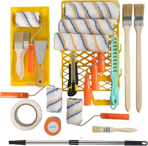 QILICZ Komplettes Malerset für Anstrich von Wand und Decke Farbroller Pinsel Abdeckfolie Klebeband Teleskopstange und praktische Helfer
