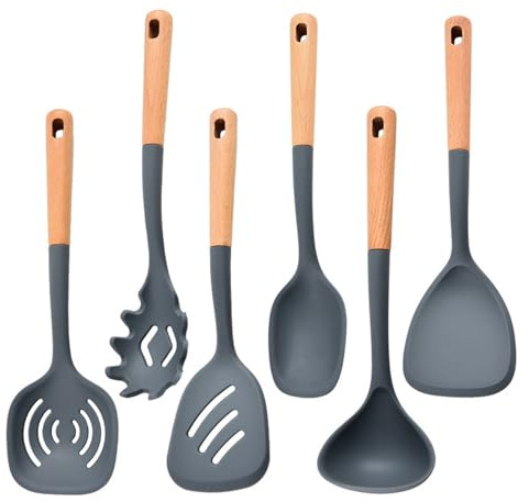 Omtofo Küchenhelfer Set, Silikon Kochutensilien Kochbesteck Set, Hitzebeständiger Kochgeschirr, Antihaft Kochset Küchenutensilien, Antihaft Kochset Küchenutensilien mit Holzgriff