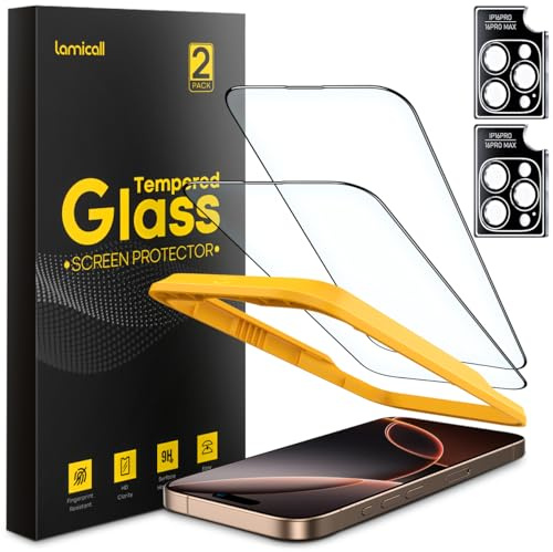Lamicall 2 x Vetro Temperato per iPhone 16 Pro e 2 x Pellicola Protettiva Fotocamera Posteriore - [4 Pezzi] Anti-Graffio, Durezza 9H, HD, Senza Bolle, con Strumenti di Installazione Facile