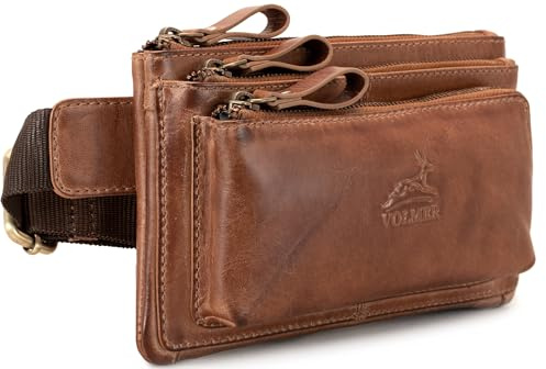 Fa.Volmer ® Bauchtasche/Gürteltasche/Hüfttasche in Echt-Leder für Damen und Herren | Braun | Verstellbarer Gurt bis 118 cm (Braun Glattleder)