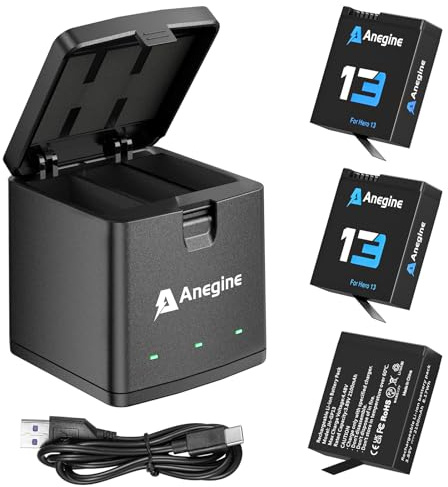 Anegine Hero 13 Akku 2100mAh und LED 3-Kanal USB Speicherladegerät für Hero 13 Black Enduro Wiederaufladbarer Akku mit Typ-C (3er-Pack)