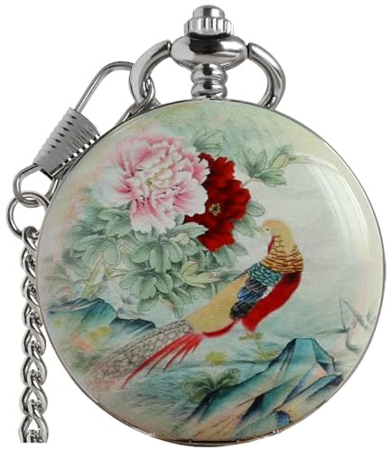VIGOROSO Vintage Floral Bird Manual Mechanical Pocket Watch for Men & Women - Elegant Wind Up Pocket Watches Skeleton with Chain & Gift Box