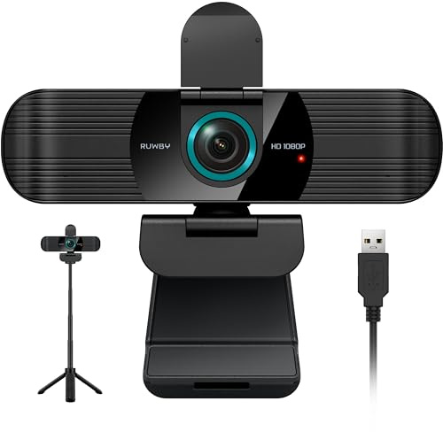 RUWBY Full HD 1080P Webcam with Built-in Dual Mics, Wide-Angle Lens, Privacy Cover, Tripod Stand, Autofocus Computer Camera, Plug and Play for Desktop PC or Laptop