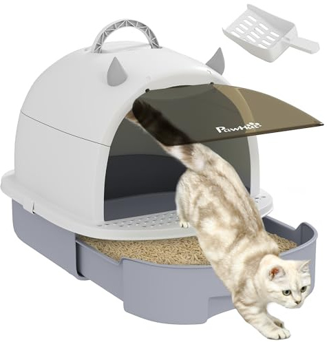 PawHut Lettiera per Gatti Chiusa con Vassoio Estraibile e Maniglia, Grigio | Toilette per Gatti, Cassetta Igienica, Paletta, Filtro ai Carboni Attivi