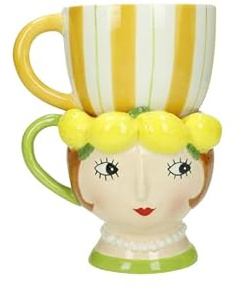 BRANDANI Set 2 tazze colazione thè/tisane Lady Limone Impilabili 51406 Porcellana Verde Giallo Frutti 350ml