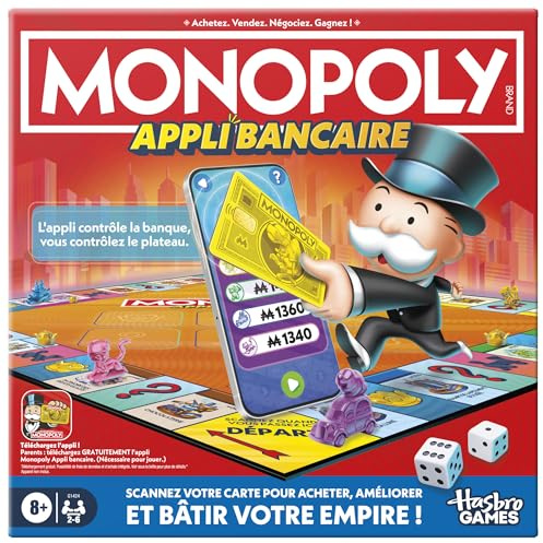 Monopoly Bank-App, Brettspiel – Französische Version, elektronisches Gesellschaftsspiel für Familie und Kinder, mit interaktiver Bankkarte und Mini-Spielen über kostenlose App, ab 8 Jahren