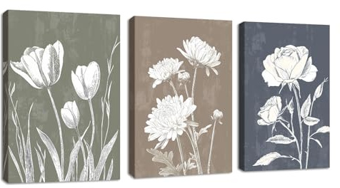 3 Pcs Boho Weiß Blumig Botanisch Bilder Set, Vintage Minimalistisch Blau Grün Lila Blume Wandbilder mit Rahmen Modern bild auf Leinwand Wandkunst Kunstdruck Deko für Wohnzimmer Schlafzimmer 30x40cmx3