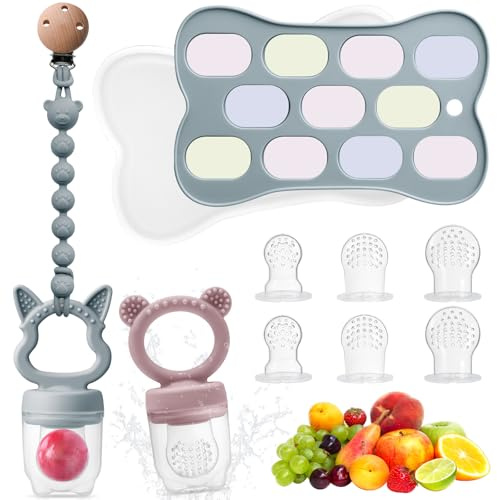 Beeoecm Chupete Fruta Bebé, 2 Piezas Chupete de Frutas de Silicona a Partir de 6 Meses con Bandeja del Congelador, Cadena para Chupete y 6 Chupetes de Silicona en 3 Tamaños para Niños (Azul)