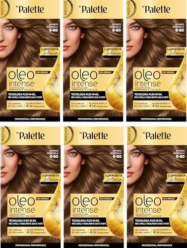 Syoss by Palette Oleo Intense, colorazione permanente, copertura professionale capelli bianchi, 6-80 Biondo Nocciola, confezione da 6