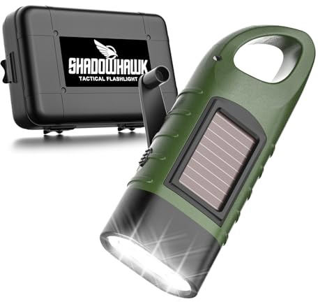 Shadowhawk Linterna Solar con Manivela de mano - Mini Linternas Dinamo de Emergencia Portátil, Linterna LED Recargable con Mosquetón, Flashlight para Exteriores/Camping/Apagones/Supervivencia (Verde)