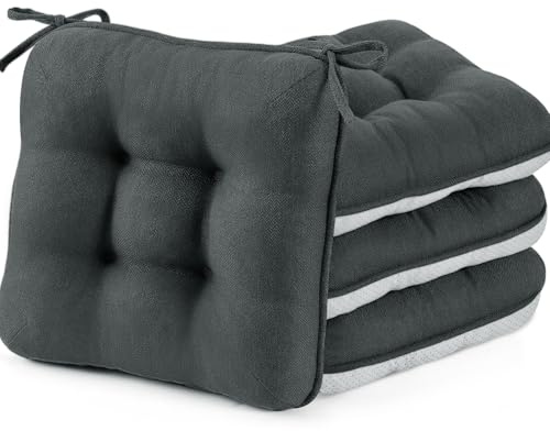 BETU Chair Cushions for Dining Chairs Set of 4,3.5 Thick Kitchen Table Chair Pads with Ties,Non Slip Backing and Covers, Seat Cushion for Dining Room,Bar,Patio Chairs,16X16X3.5,Dark Grey