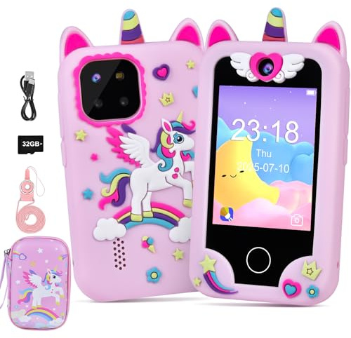 Elecoutek Kids Smart Phone for Girls, Toddler Unicorn Phone Toys for 3-10 Year Old Girl, Kids Mobile Phone Toy with Dual Cameras, 2.8 Inch Touchscreen, Music Player, Games, 32 GB Card and Bag (Pink)