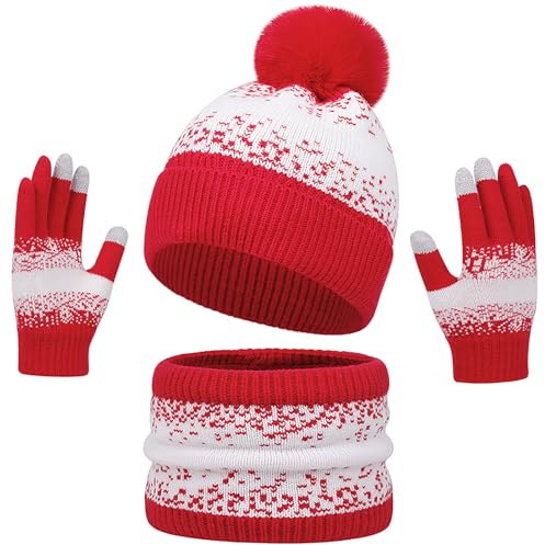Baynetin Invierno Beanie Bufanda Guantes Conjunto para Las Mujeres Hombres Parejas - Caliente Punto Copo de Nieve Pom Sombrero, Snood/Bufanda Larga, Guantes de Pantalla Táctil Térmica (Rojo)