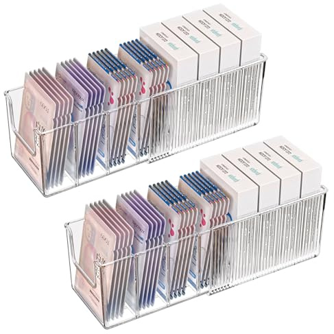 YIEZI 2 Packung Ausziehbar Acryl Gesichtsmasken-Aufbewahrungsbox mit Verstellbaren Trennwänden – Transparente Stapelbare Kosmetik-Organizer-Box für Hautpflege, 100% Staubschutz & Anpassbare Fächer